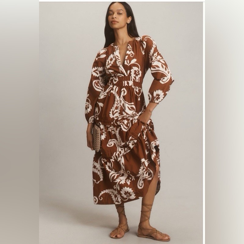 Anthropologie Somerset Brown And White Floral Long Sleeve Dress